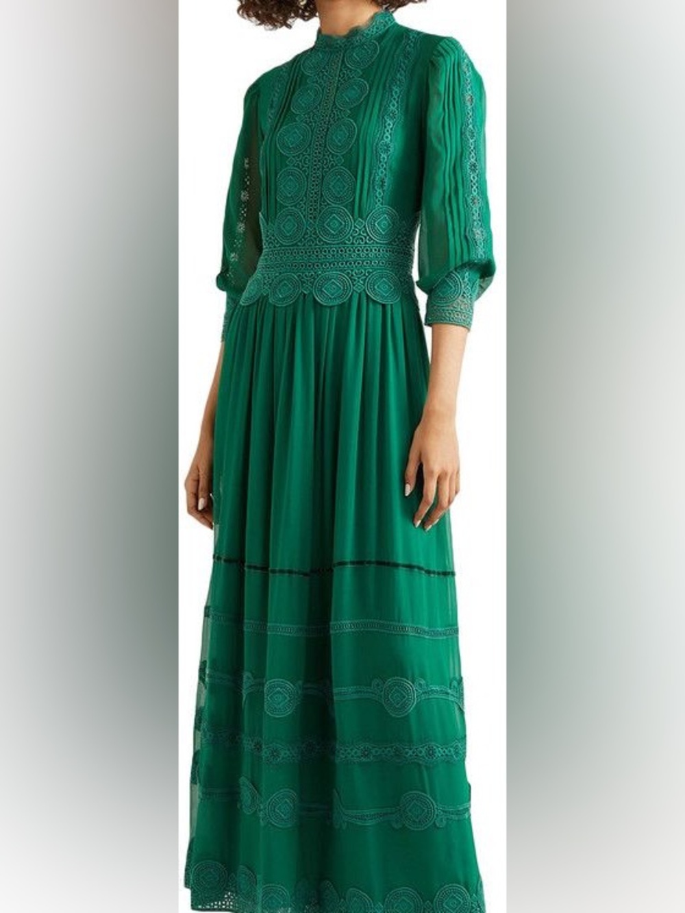 Elegant Emerald Green Lace-Trim Maxi Skirt